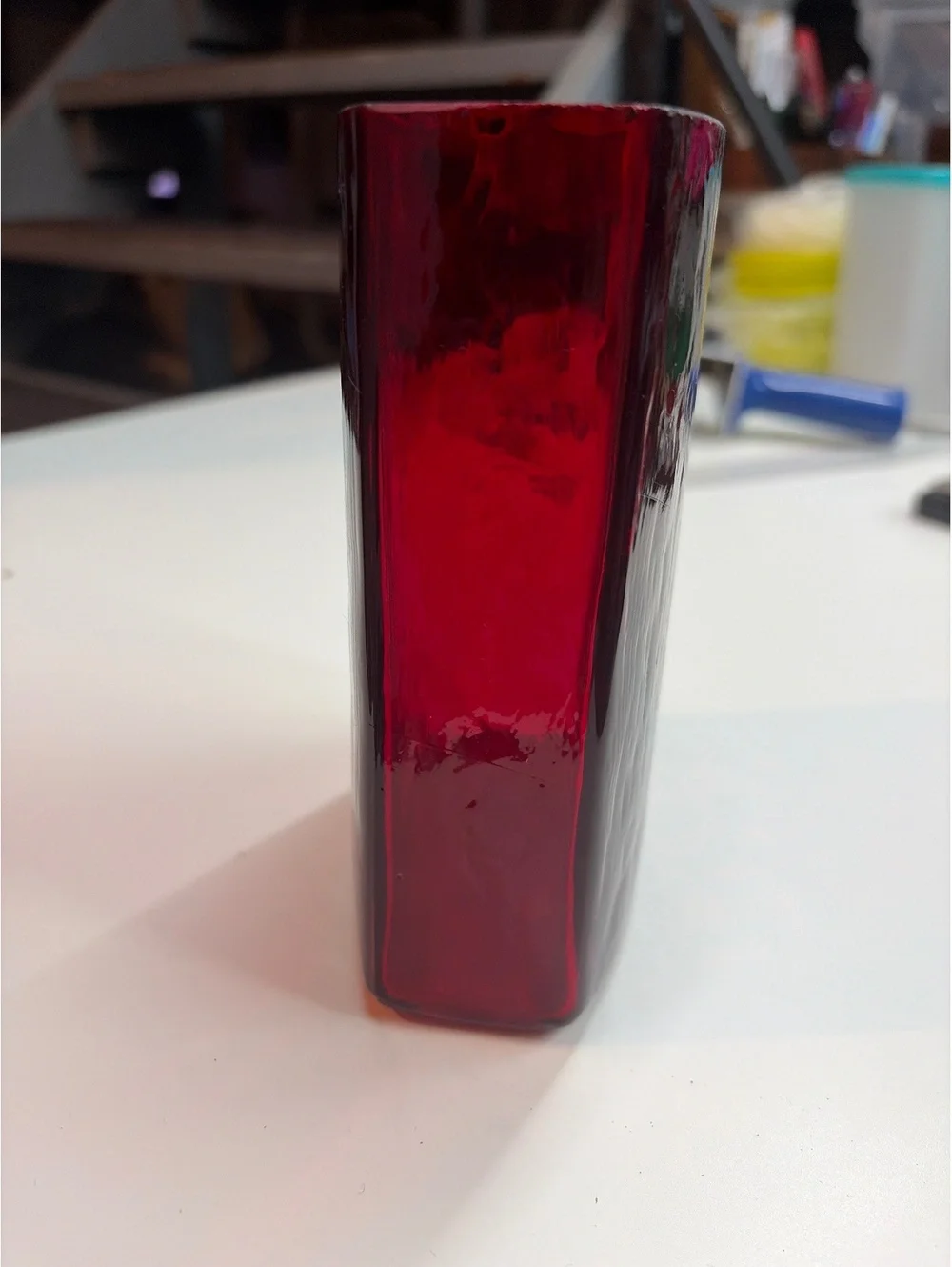 Ruby Red glass Rectangular Textured Vase 5.25”H